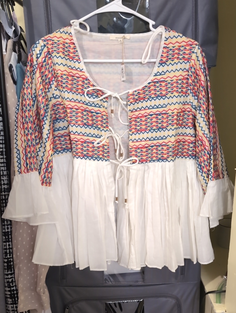 Boho Embroidered Tie-Front Peasant Top - White